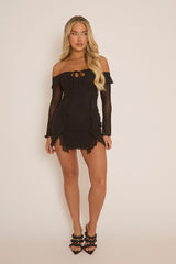 Black Ruffle Bardot Long Sleeve Mini Dress - Tallulah