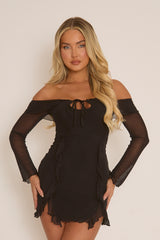 Black Ruffle Bardot Long Sleeve Mini Dress - Tallulah