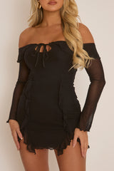 Black Ruffle Bardot Long Sleeve Mini Dress - Tallulah