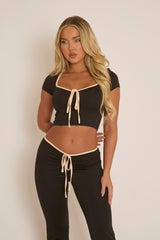 Black Tie Detail Crop Top and Dipped Front Trousers Co-Ord Set - Primrose