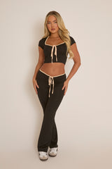 Black Tie Detail Crop Top and Dipped Front Trousers Co-Ord Set - Primrose