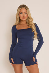 Navy Square Neck Long Sleeves Playsuit - Rayna