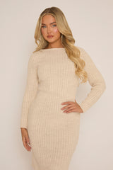 Beige Open Twist Back Midi Bodycon Jumper Dress - Karrah