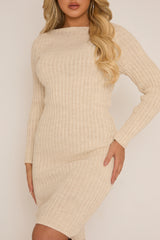 Beige Open Twist Back Midi Bodycon Jumper Dress - Karrah