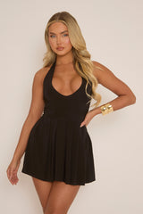 Black Plunge Pleated Hem Halter Dress - Kelby