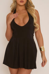 Black Plunge Pleated Hem Halter Dress - Kelby
