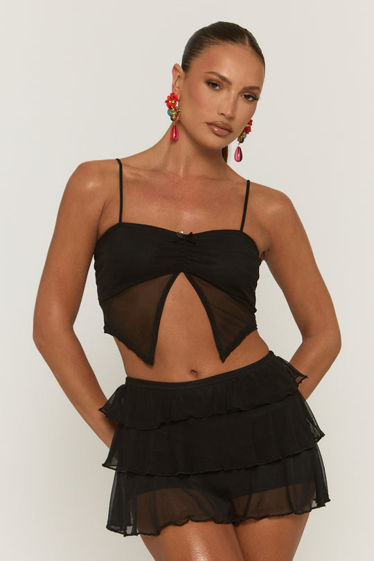 Black Mesh Top and Ruffle Mini Skirt Co-ord Set - Ellia