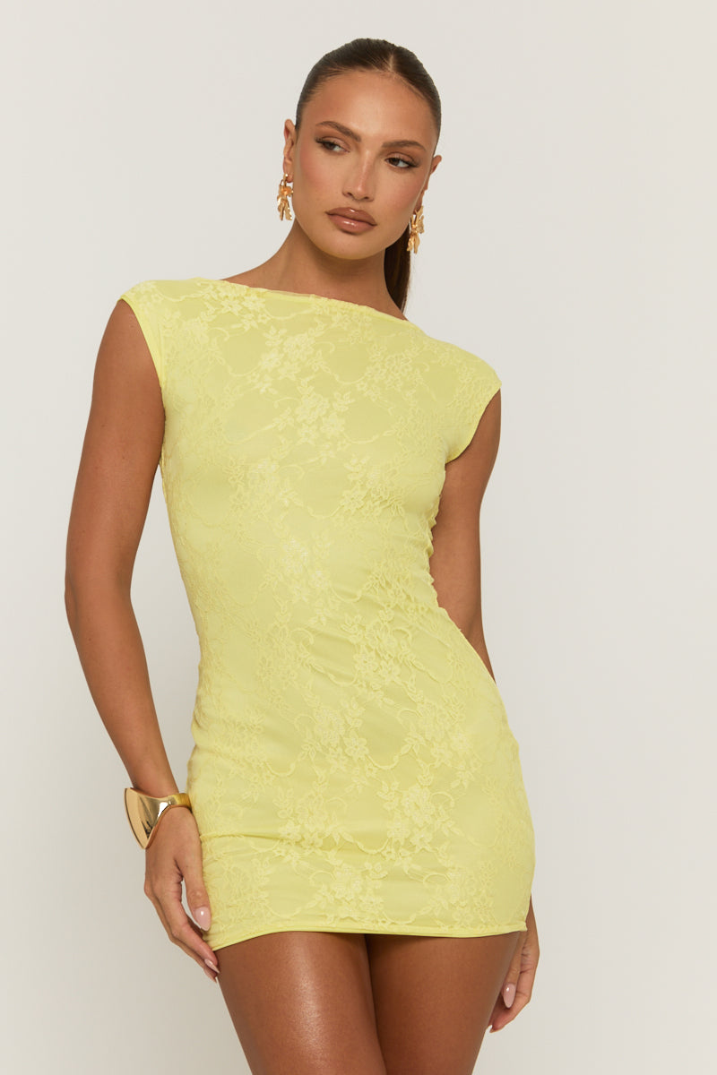 Yellow Lace Boat Neck Backless Bodycon Mini Dress - Mollie