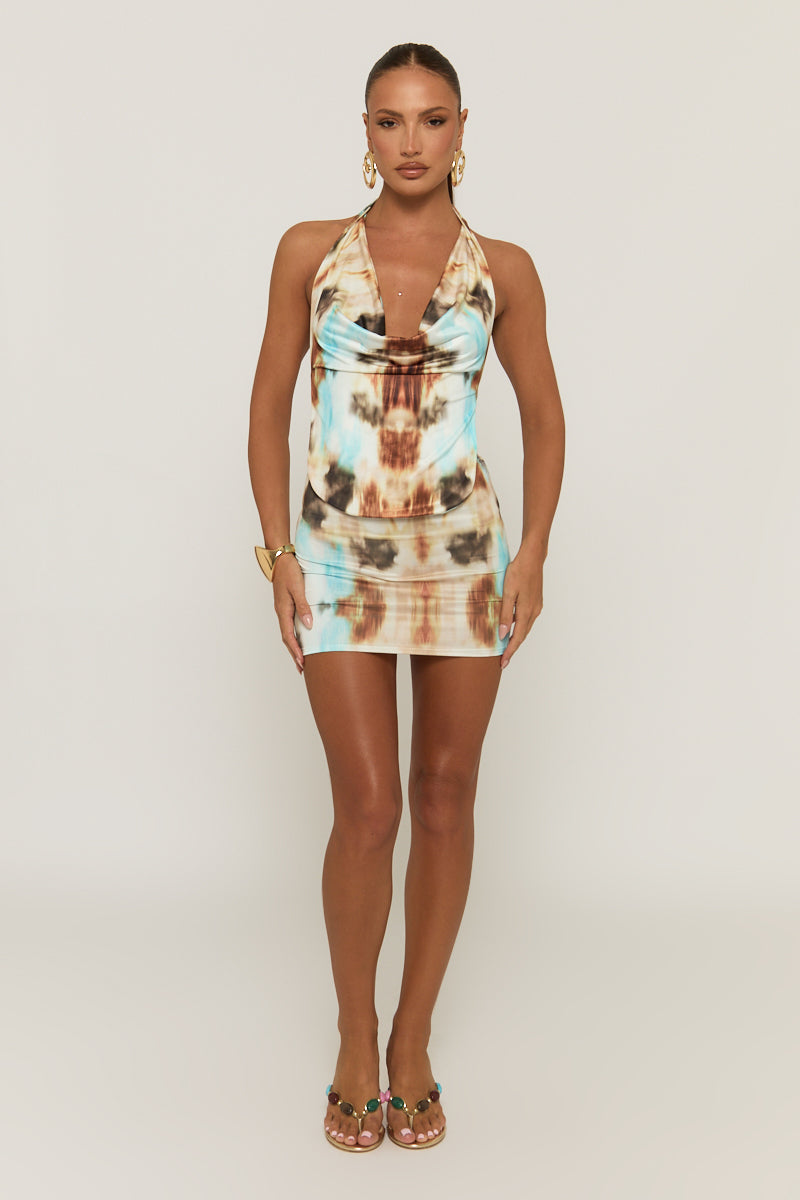 Brown Blur Print Plunge Halter Top and Mini Skirt Co-ord Set - Lora