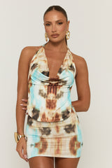Brown Blur Print Plunge Halter Top and Mini Skirt Co-ord Set - Lora