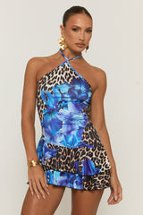 Blue Floral Leopard Halterneck Mini Dress - Tirana