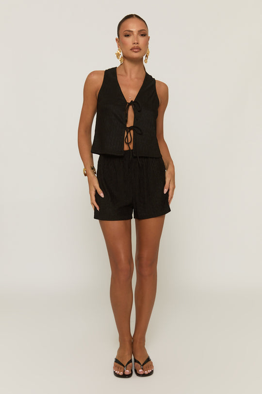 Black Crinkle Tie Front Top & Shorts Co-ord Set - Stephanie