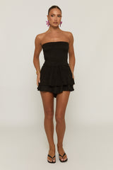 Black Shirred Textured Ruffle Playsuit - Annie