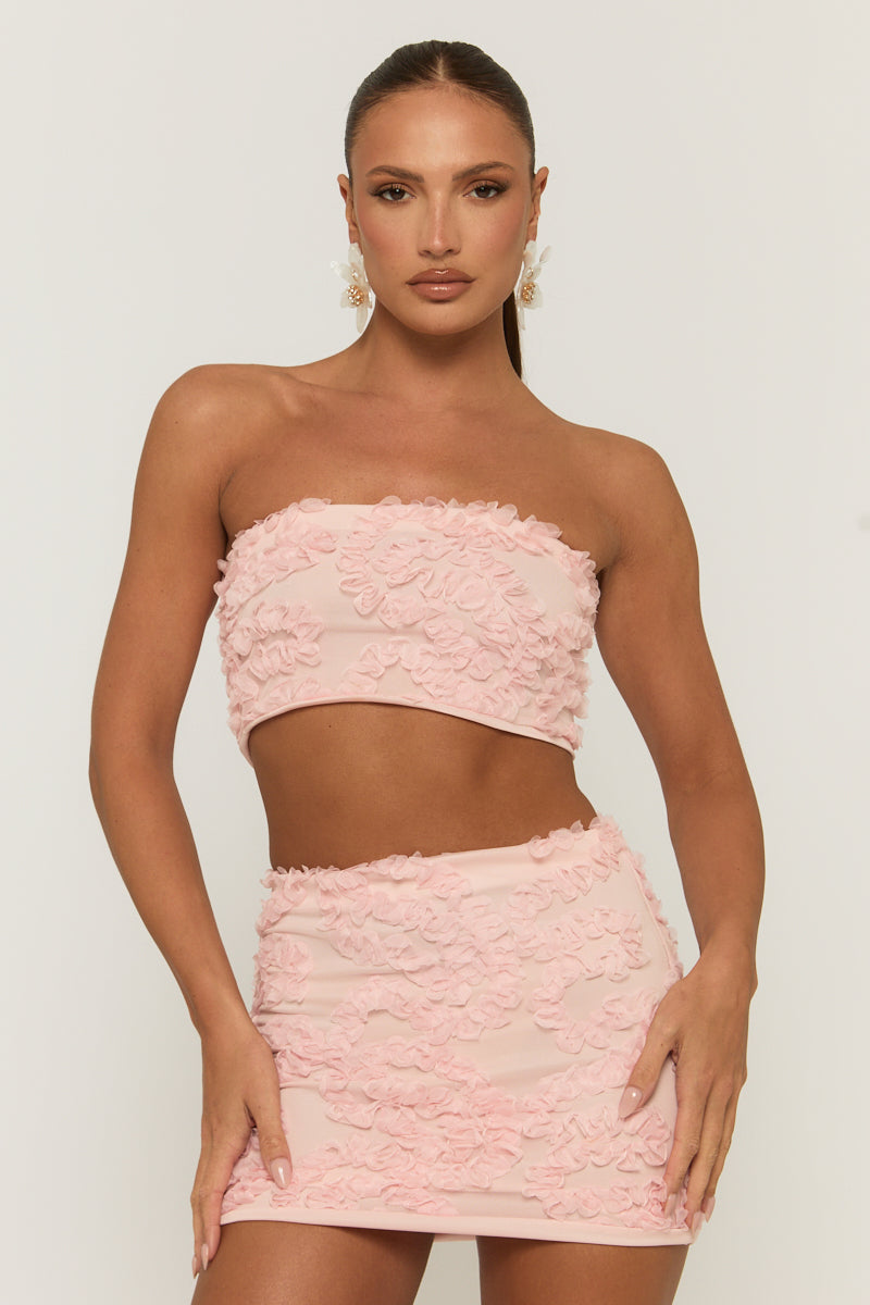 Pink Floral Textured Bandeau and Mini Skirt Co-ord Set - Sydney