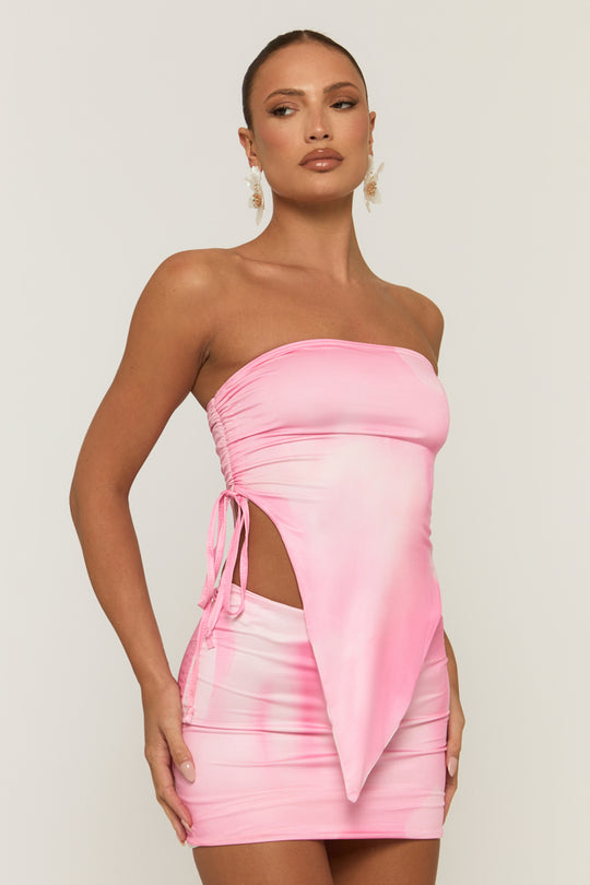 Pink Ruched Asymmetric Bandeau and Mini Skirt Co-ord Set - Lillie
