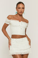 White Broderie Bardot Top and Mini Skirt Co-ord Set - Malmo