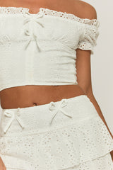White Broderie Bardot Top and Mini Skirt Co-ord Set - Malmo