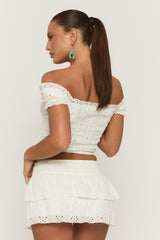 White Broderie Bardot Top and Mini Skirt Co-ord Set - Malmo