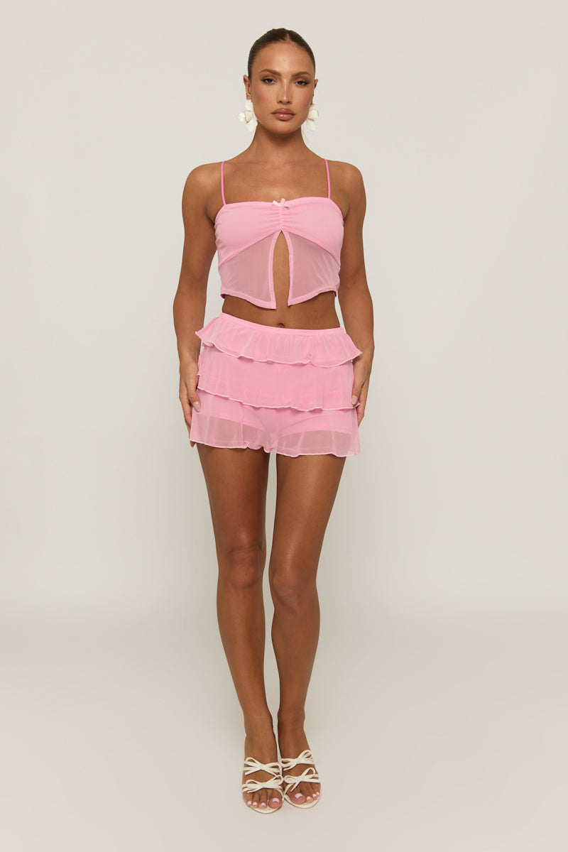 Pink Mesh Top and Ruffle Mini Skirt Co-ord Set - Ellia