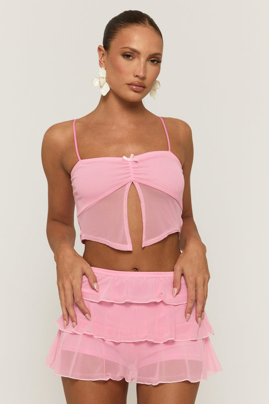 Pink Mesh Top and Ruffle Mini Skirt Co-ord Set - Ellia