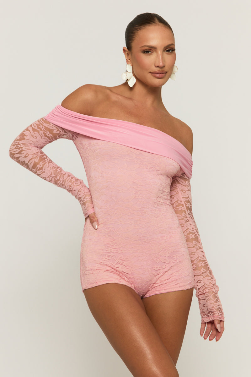 Pink Lace Bardot Playsuit - Irena