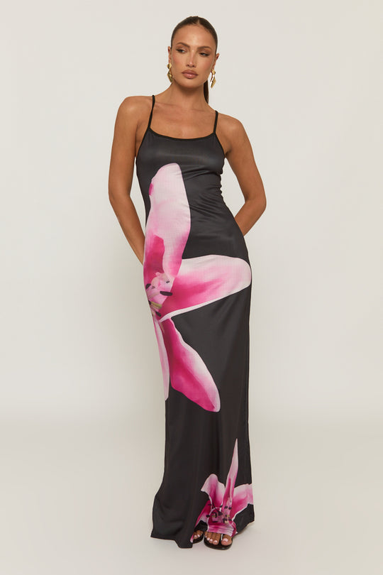 Black Large Floral Print Strappy Maxi Dress - Elsa