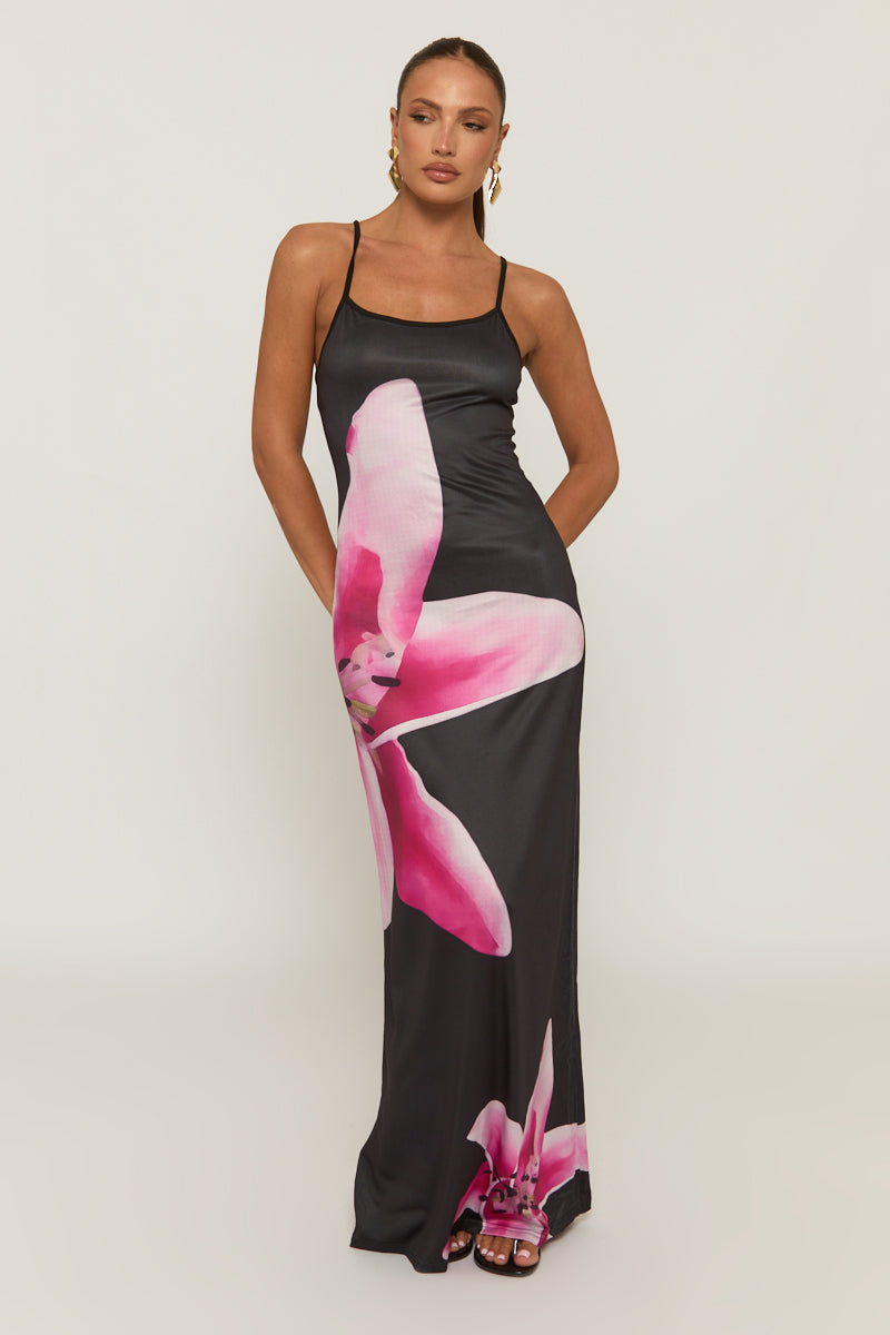 Black Large Floral Print Strappy Maxi Dress - Elsa