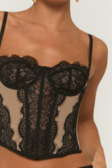 Black Lace Mesh Mix Corset Top - Edith