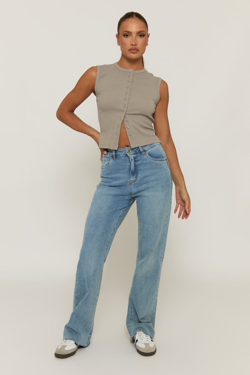 Dove Grey Sleeveless Button Up Rib Top - Nikolina