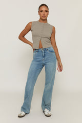 Dove Grey Sleeveless Button Up Rib Top - Nikolina