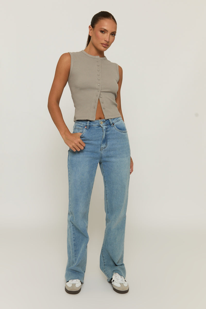 Dove Grey Sleeveless Button Up Rib Top - Nikolina