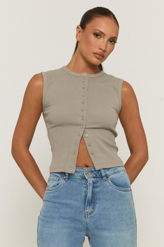 Dove Grey Sleeveless Button Up Rib Top - Nikolina