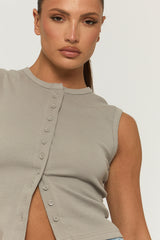 Dove Grey Sleeveless Button Up Rib Top - Nikolina