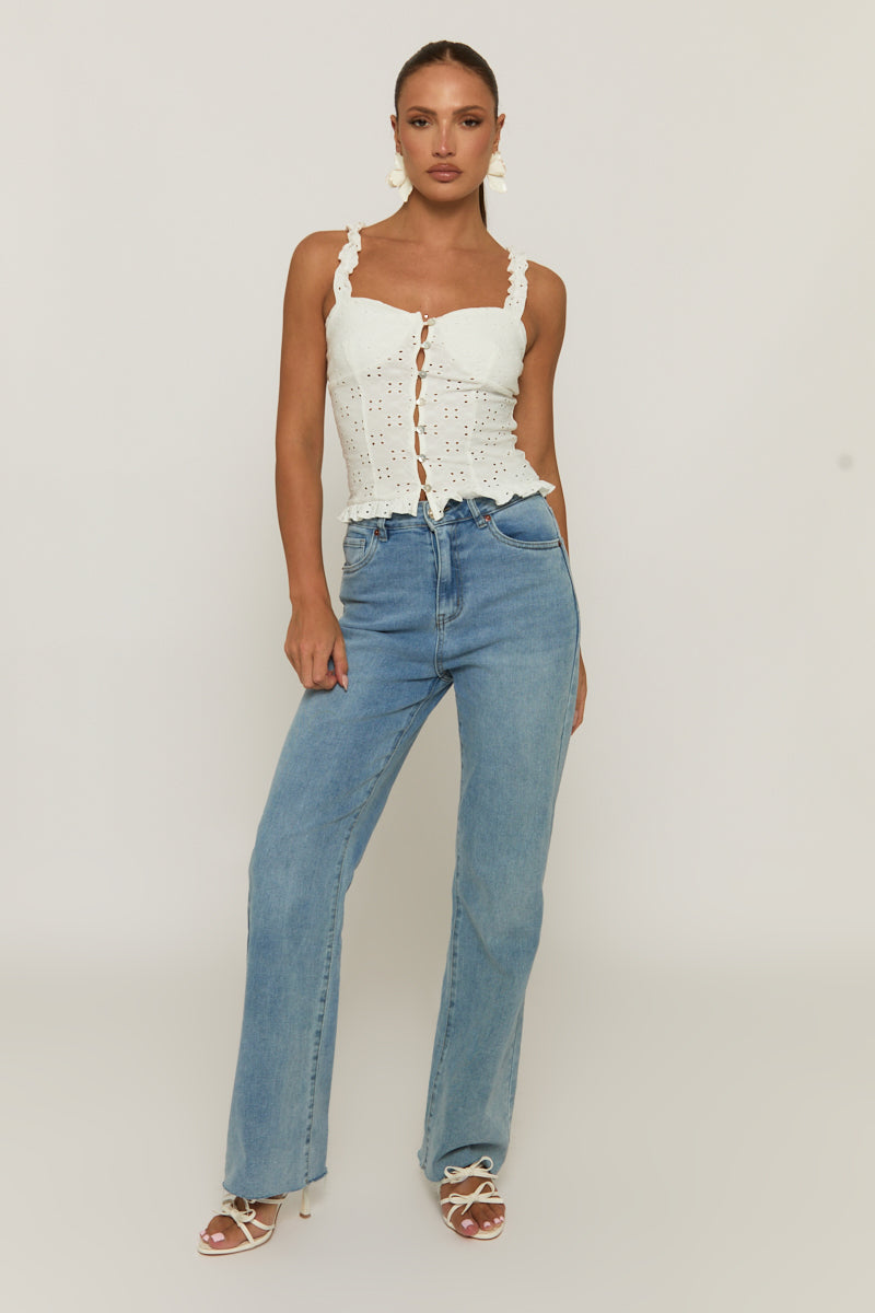White Broderie Button Front Top - Bali
