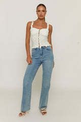 White Broderie Button Front Top - Bali