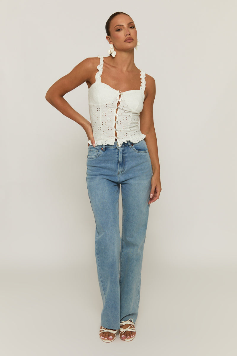White Broderie Button Front Top - Bali