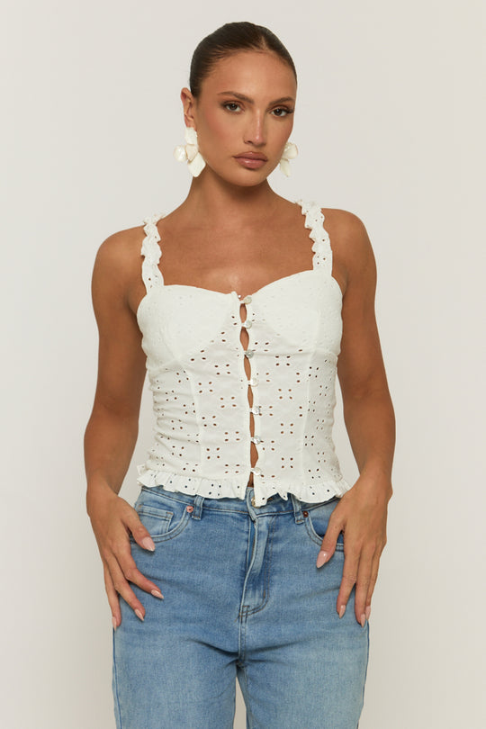 White Broderie Button Front Top - Bali
