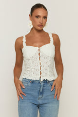 White Broderie Button Front Top - Bali
