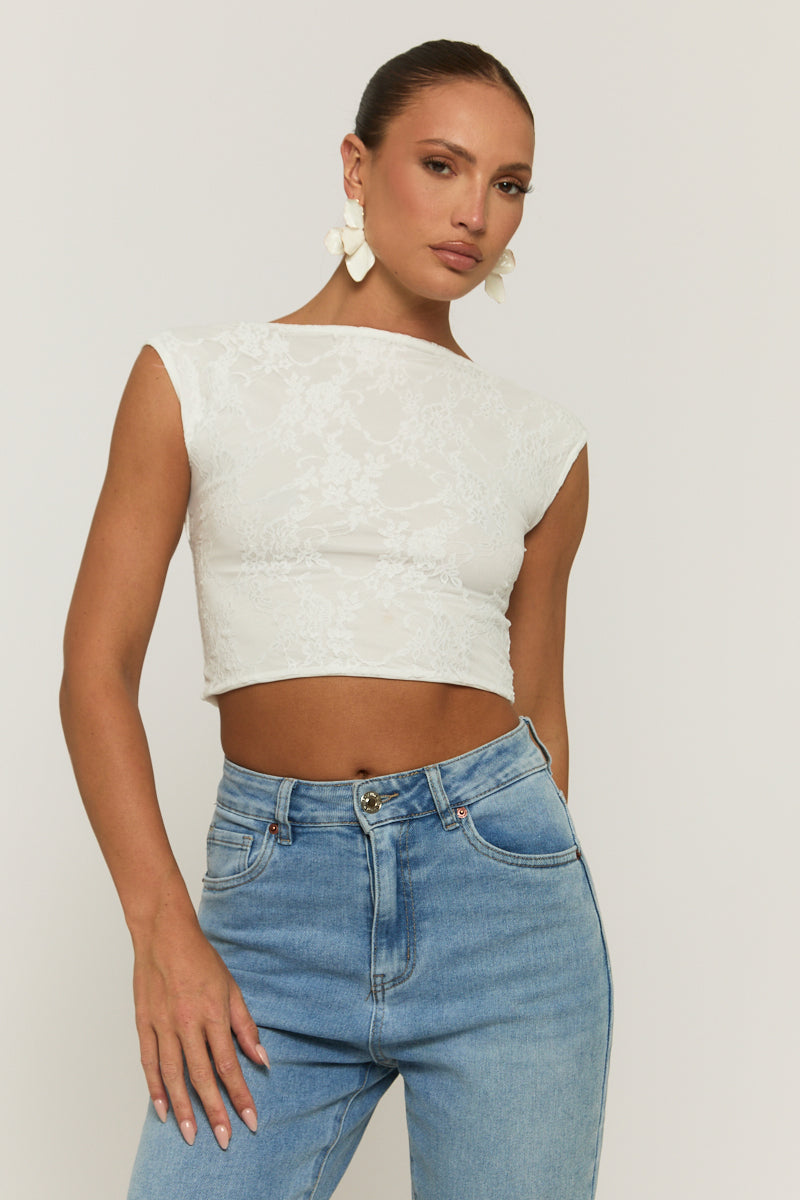 White Lace Open Back Crop Top - Mari
