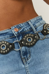 Black Faux Leather Oval Stud Detail Belt - Liv
