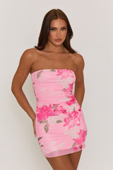 Pink Floral Mesh Bandeau Mini Dress - Brielle