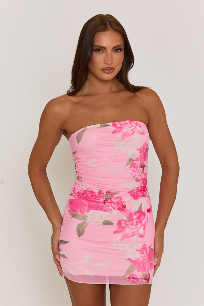 Pink Floral Mesh Bandeau Mini Dress - Brielle