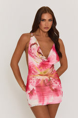 Pink Floral Mesh Cowl Mini Dress - Edie