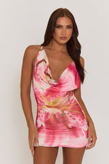 Pink Floral Mesh Cowl Mini Dress - Edie