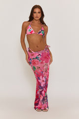 Pink Floral Bikini And Mesh Maxi Skirt 3 Piece Set - Daisy