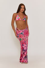 Pink Floral Bikini And Mesh Maxi Skirt 3 Piece Set - Daisy