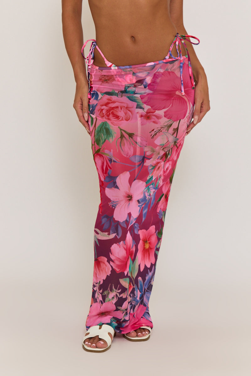 Pink Floral Bikini And Mesh Maxi Skirt 3 Piece Set - Daisy