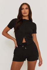 Black Rib Button Front Top and Short Loungewear Co-ord Set - Dua