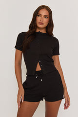 Black Rib Button Front Top and Short Loungewear Co-ord Set - Dua