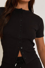 Black Rib Button Front Top and Short Loungewear Co-ord Set - Dua